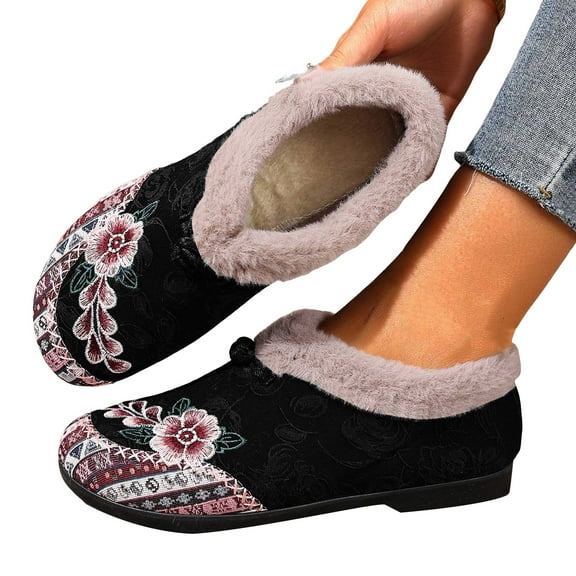 Women's Vintage Floral Embroidered Snow Boots Wide Width Fleece Lined Warm 2025 Winter Slip on Ankle Booties
