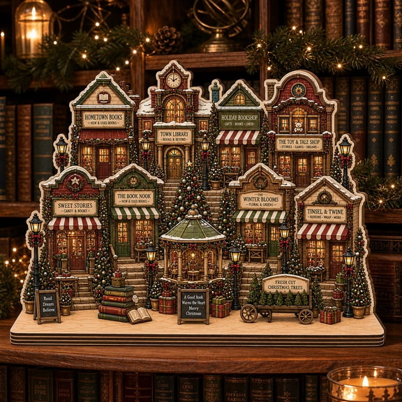 Wooden Block Christmas Book Village Tabletop Display for Book Lovers