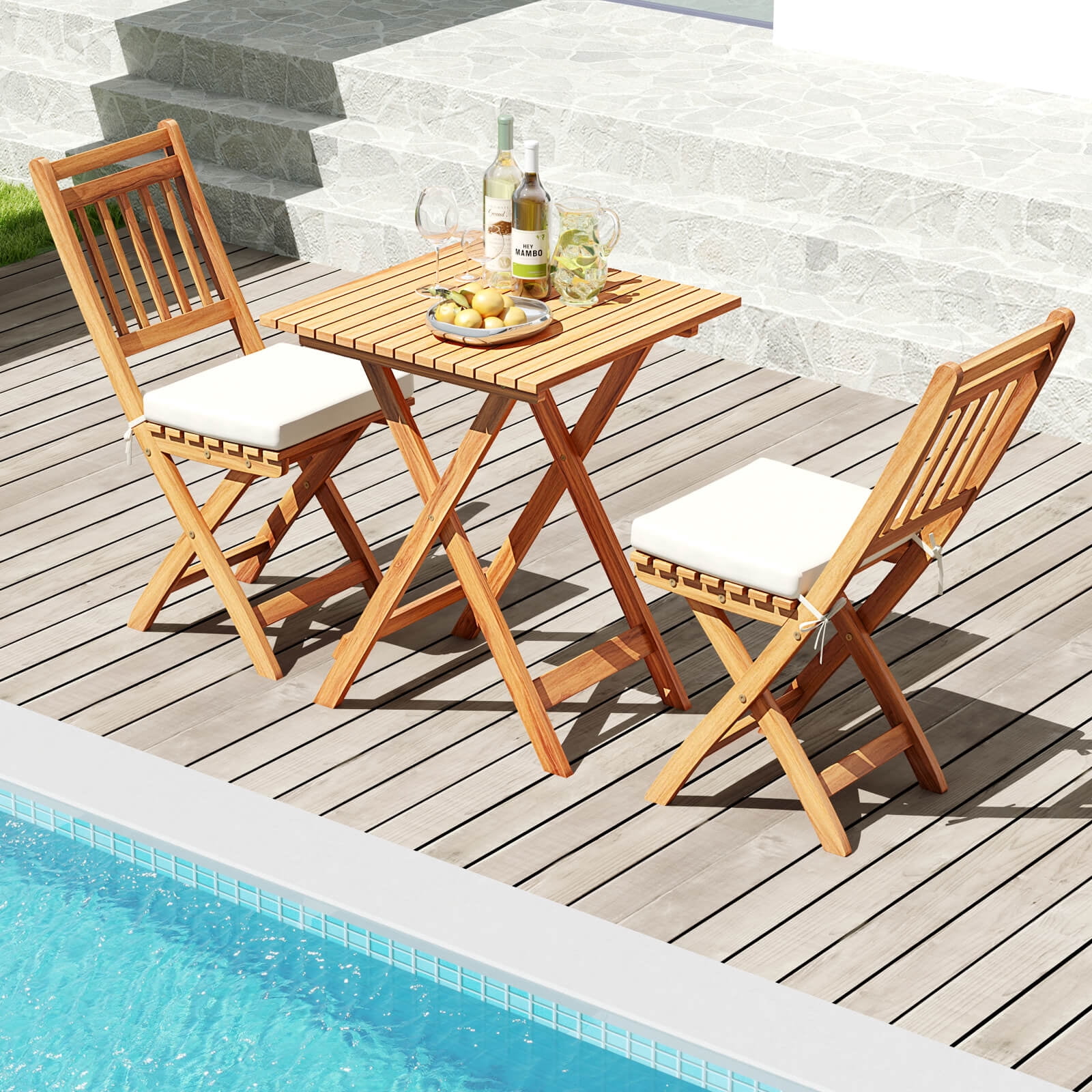 Gymax Folding Patio Chairs Set of 2 w/ Slatted Backrests & Soft Seat Cushions