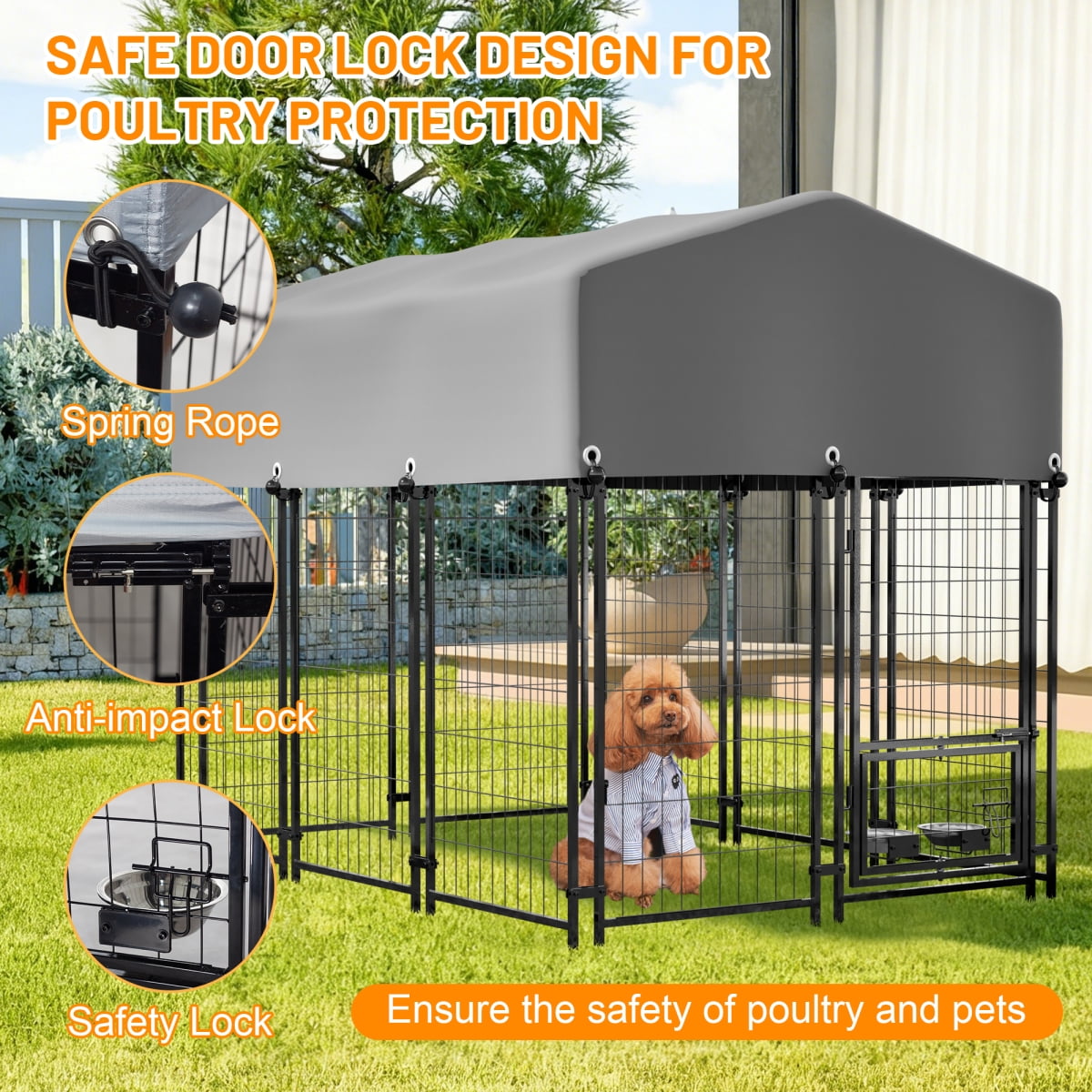 Dog Kennel Outdoor with Roof 4.23x5.82x4.83 FT Heavy Duty Welded Wire Dog Crate with Waterproof UV Resistant Cover Double Lock and Rotating Feeder Grey
