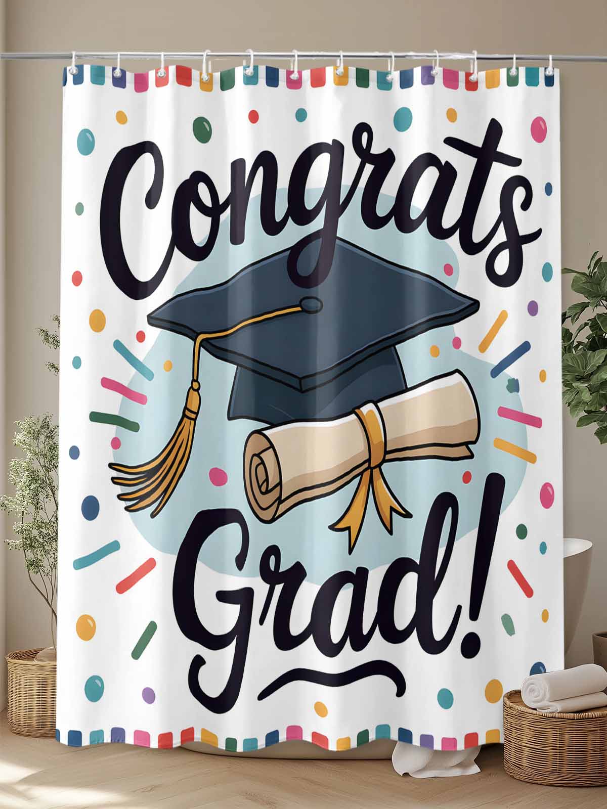 Fsddascl Black Blue Graduation Hat Shower Curtain Set - Standard 72" x 72" Washable Bathtub Curtain with 12 Hooks, Funny Words Waterproof Fabric Stall Shower Curtains for Bathroom/Bathtub Décor
