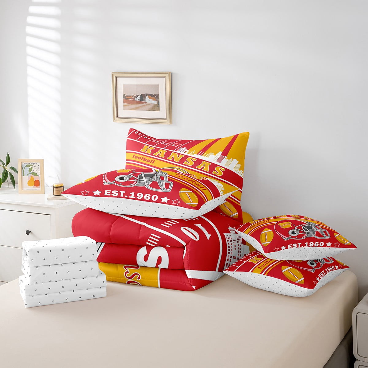 Eosebridal Football 7 Pieces Comforter Sets Full Size Kansas Bedding Set for All Season Gifts for Football Fans Football City Bed in a Bag with Comforter,Sheets