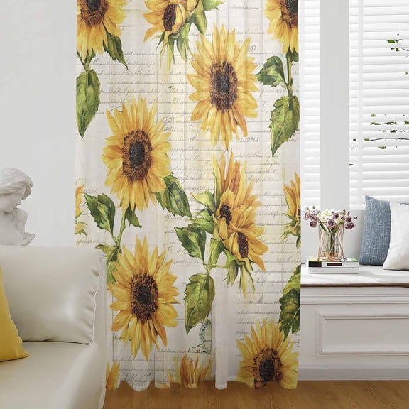 Retro Sunflower Semi Sheer Curtains Drapes for Living Room, Bedroom, French Doors Window 63 Inches Long, Watercolor Letter Flowers Rod Pocket Chiffon Curtain Drapery Voile Draperies Panel