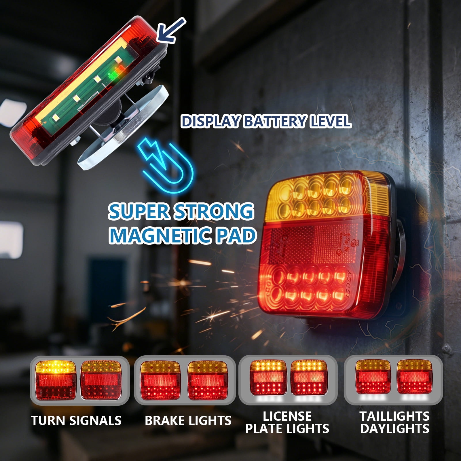 2 Pcs Wireless Trailer Lights, Rechargeable LED Tow Light Kit with Strong Magnet Base, IP67 Waterproof Cordless Tail Lamp with 4 Lighting Modes for Vehicle, RVs, Trucks, Boats