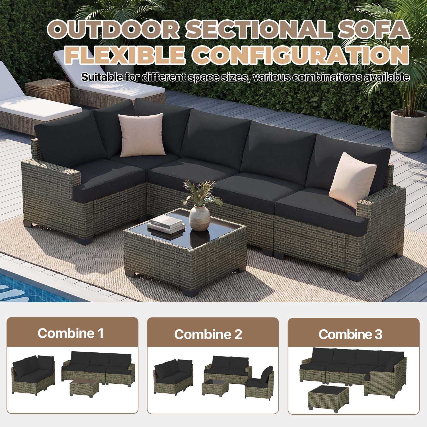 BaPiPro 6-Piece Outdoor Rattan Modular Sectional Sofa Set with High Resilience Black Cushions and Easy-Clean Tempered Glass Coffee Table, Flexible Configuration for Garden, Backyard & Patio