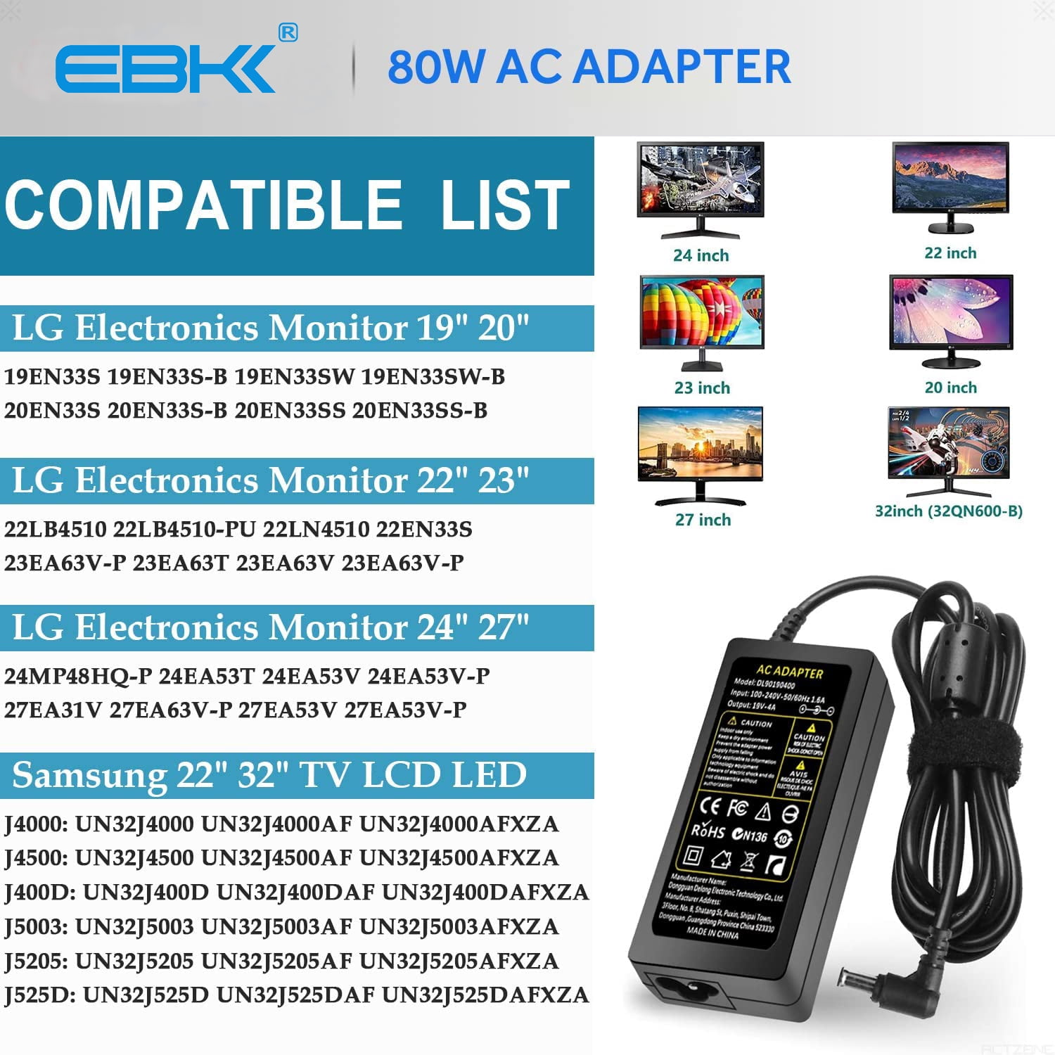 DC 19V Power Supply Charger AC Adapter for Samsung TV 32" Class J5205 J5003 22" H5000 UN32J4000AF UN32J4000AGXZD UN22H5000 UN32J4000 LED TV AC Adapter Cord Tip 6.5mm