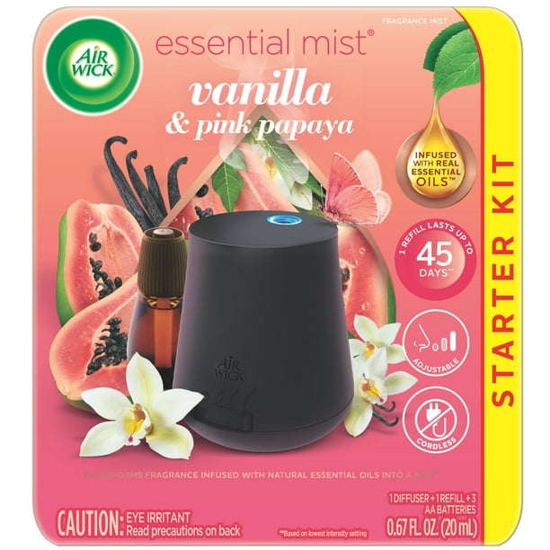 Kit de inicio de niebla esencial Air Wick (difusor + recambio) Kit de inicio de ambientador con difusor de aceites esenciales de vainilla y papaya rosa