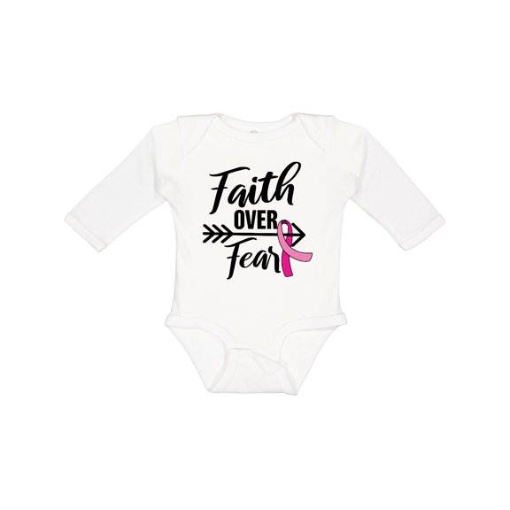 Inktastic Breast Cancer Awareness Faith over Fear with Pink Ribbon and Arrow Girls Long Sleeve Baby Bodysuit