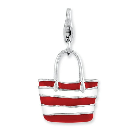 - Solid 925 Sterling Silver Enameled 3-D Stripe Tote bag with Lobster Clasp Pendant Charm (14mm x 29mm)