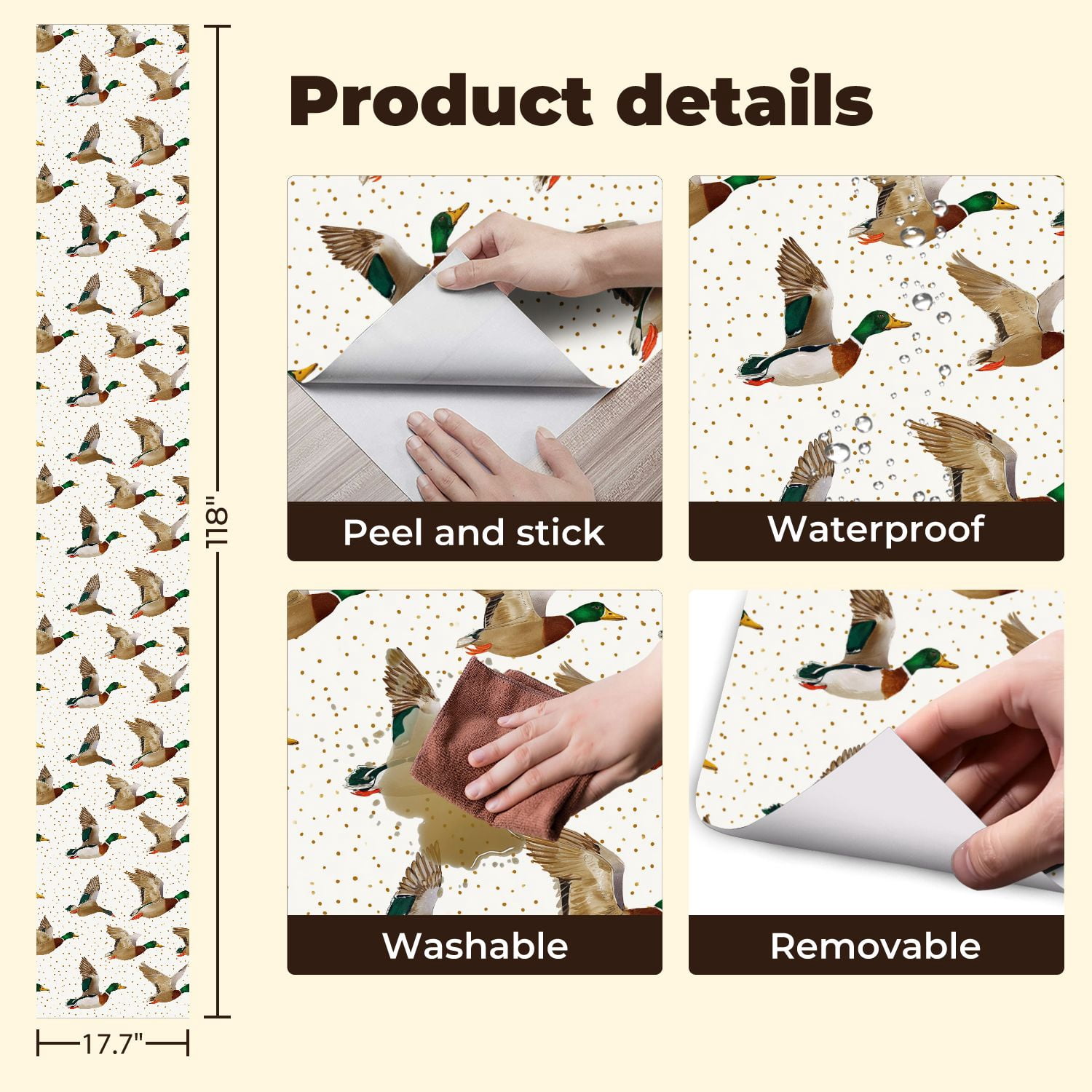 Peel and Stick Wallpaper Mallard Ducks Soft Pastel Colors Gold Accents Wall Mural 17.7in x 9.8ft Self Adhesive Removable Wall Paper Renter Friendly Wallpaper for Nursery Bedroom Cabinets