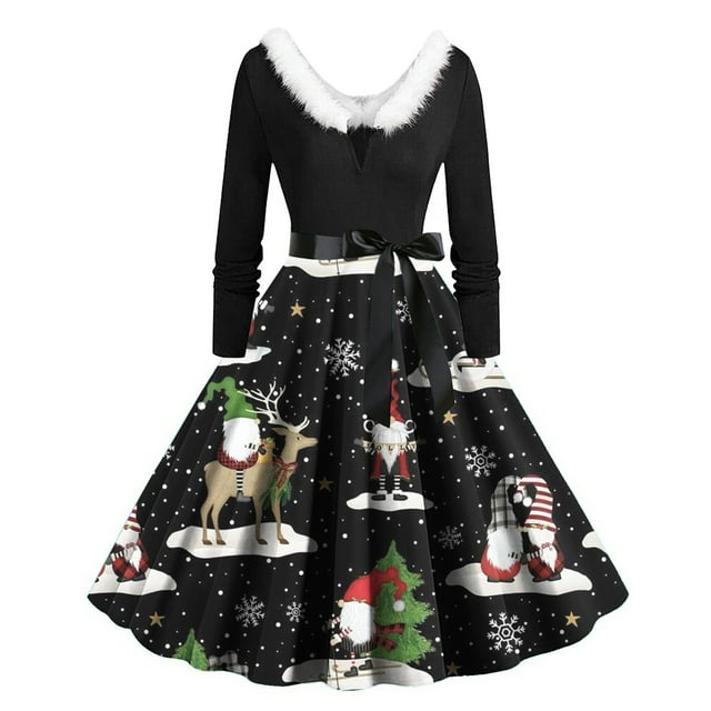 Vestidos de Navidad Para Mujer, Vestido de Columpio, Manga Larga, Estampado Navideño, Patchwork, Peludo, Cuello en V, Vestido Retro Con Espalda Descubierta Odeerbi ODB200379