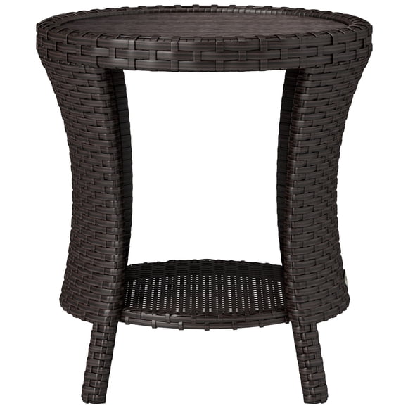 18" Round Wicker Outdoor Coffee Table, PE Rattan Patio Side Table with 2-Tier Storage, Wood-Plastic Composite Top, Brown Hourglass Design for Garden, Balcony and Backyard