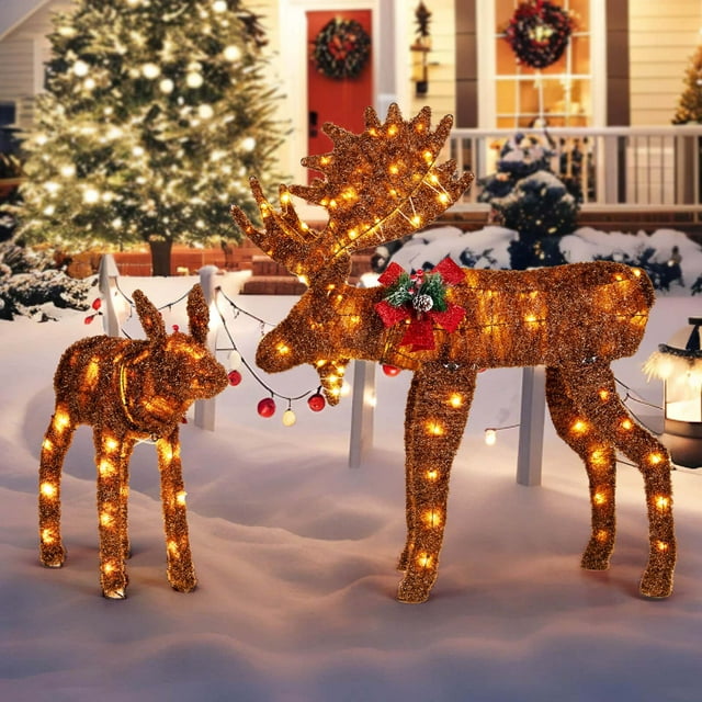 Costway 2 PCS Lighted Moose Family Light-up Xmas Deer Decorations with 170 LED Lights