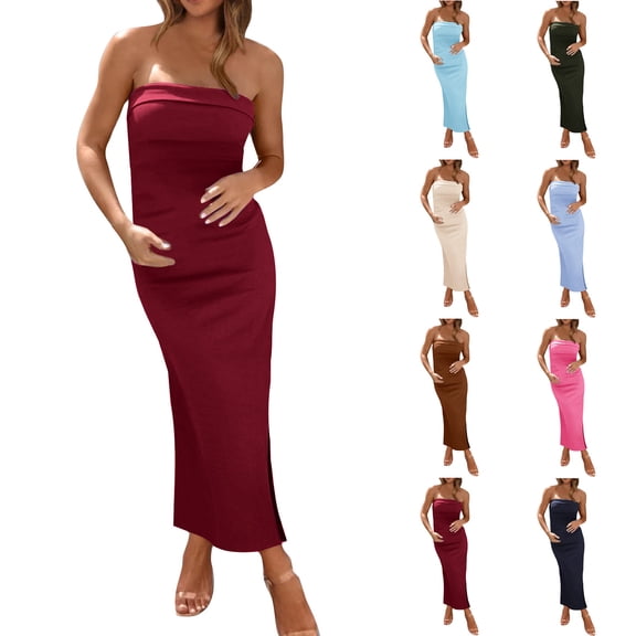 Antinious Women Sleeveless Solid Slim Side Slit Off The Shoulder Casual Stylish Elegant Dress