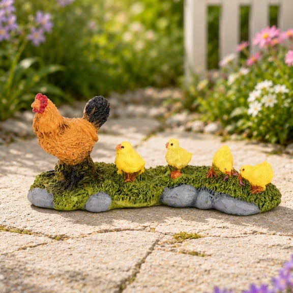 Lingsida Hen and Chicks Figurine for Miniature Garden Landscape Decor, Resin Chicken Family Ornament with Base