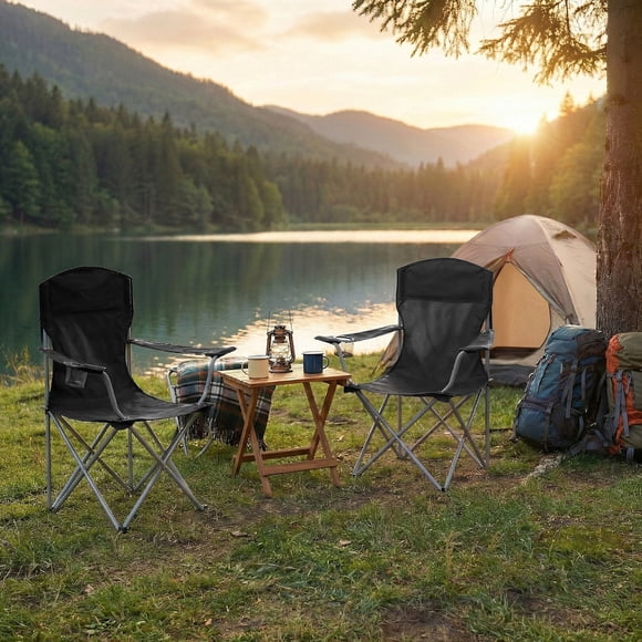 SONGMICS Silla de Camping, Juego de 2 Sillas de Exterior, Respaldo Alto, Apoyabrazos, Bolsillo para Tazas, Portátil, Plegable, Carga de 330 lbs, Acampada, Jardín, Pesca, Tela OxfordTerraza, Negro