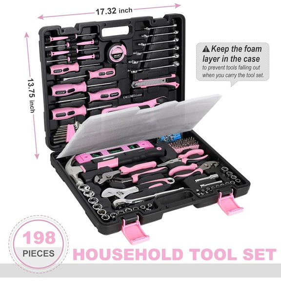 198-Piece Pink Tool Set, Household Repairing Tool Set with Toolbox, SAE Mechanics Hand Tool Kit for , Home Maintenance