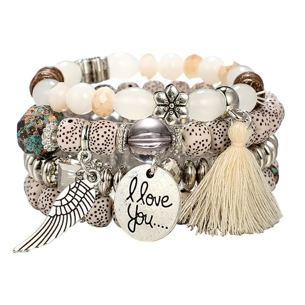 Beaded Stretch Bangles Bohemia Multicapa Sets Apilable Pulseras Strand Pulseras 4 para Mujeres Pulseras