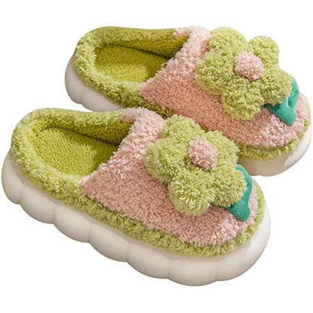 

shuwee Womens Soft Warm Memory Foam Slippers Faux Flower Cotton Fur Lined Fluffy Slip On House Shoes with Indoor Outdoor Anti-Skid Rubber Sole