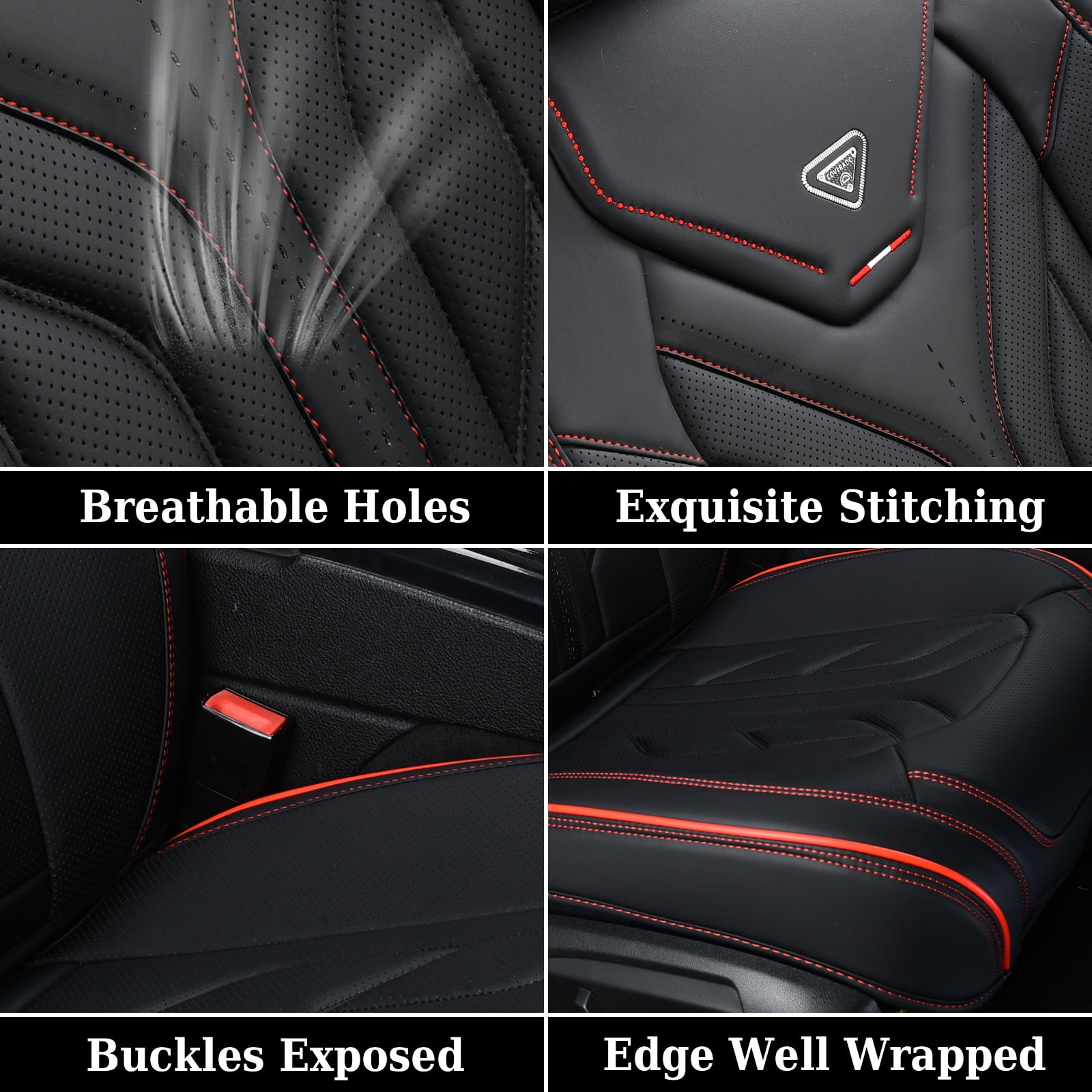Coverado Front Car Seat Covers, Airbag Compatible Faux Leather Seat Protectors, Waterproof Cushions Universal Fit for Most Sedans SUV Pick-up, Black&Red