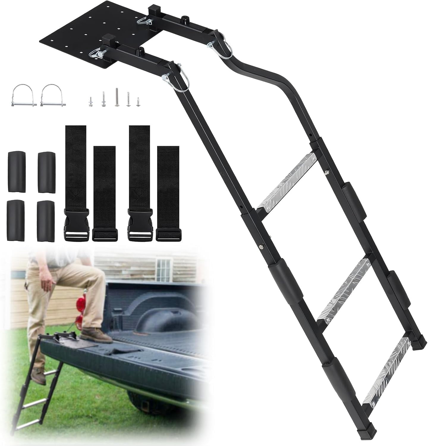 LCOKEIY Truck Tailgate Ladder, Pickup Tailgate Rack with Aluminum Step Grip Plates, Steel, Capacity 300 lbs, Black