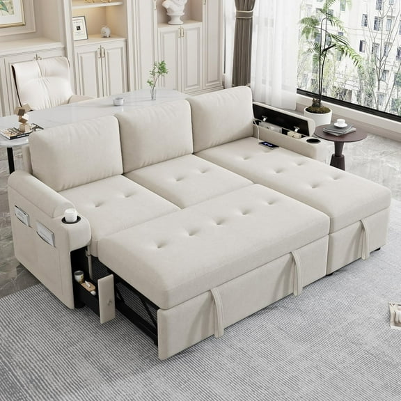 Ball & Cast 83.5" L-Shaped Convertible Sofa Bed,Chenille Fabric Sectional Couch with Reversible Storage Chaise Lounge and 2 Cup Holders and 2 USB Ports,Comfy Sofabed for Living Room