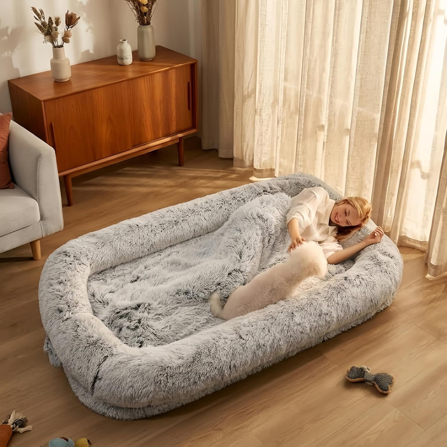 Large Human Dog Bed for Adults, 75"x43"x10" Cozy Human Sized Pet Bed, Orthopedic & Washable Cover, Non-Slip Comfortable Lounger for People and Pets, Light Grey