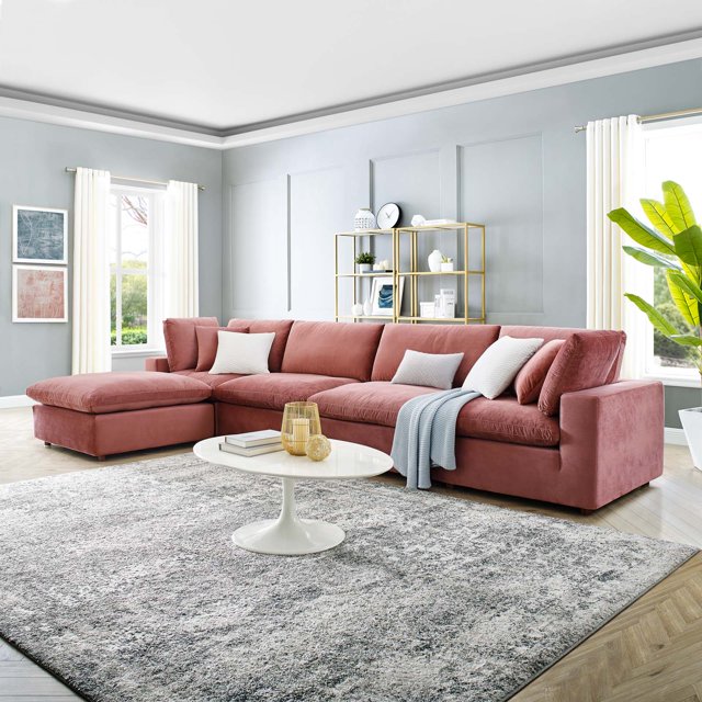 Modway Commix 5-Piece Down Filled Overstuffed Performance Velvet Sectional Sofa in Dusty Rose