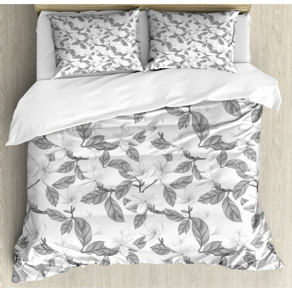 Floral Duvet Cover Set King Size, Garden Plant Related Hand Drawn Printing of Plumeria Flowers and Leaves Motifs, Decorative 3 Piece Bedding Set with 2 Pillow Shams, Grey and White, by Ambesonne