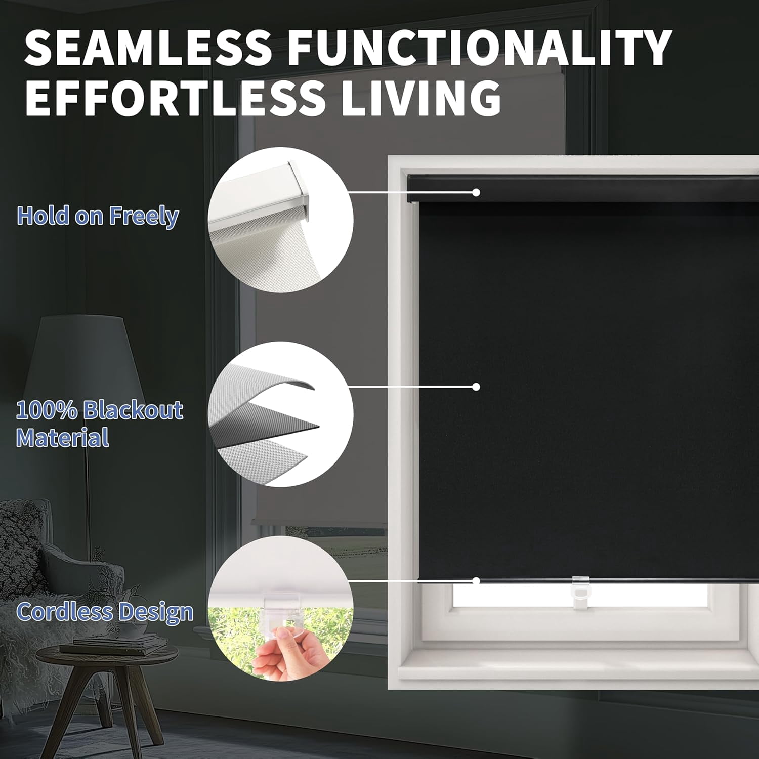 ColourTree Cordless Blackout Roller Shades Blinds for Windows, Room Darkening with Thermal Insulated Fabric, UV Protection+, Easy Pull-Down System, Fit for Home, Office (68" W x 72" H, Black)