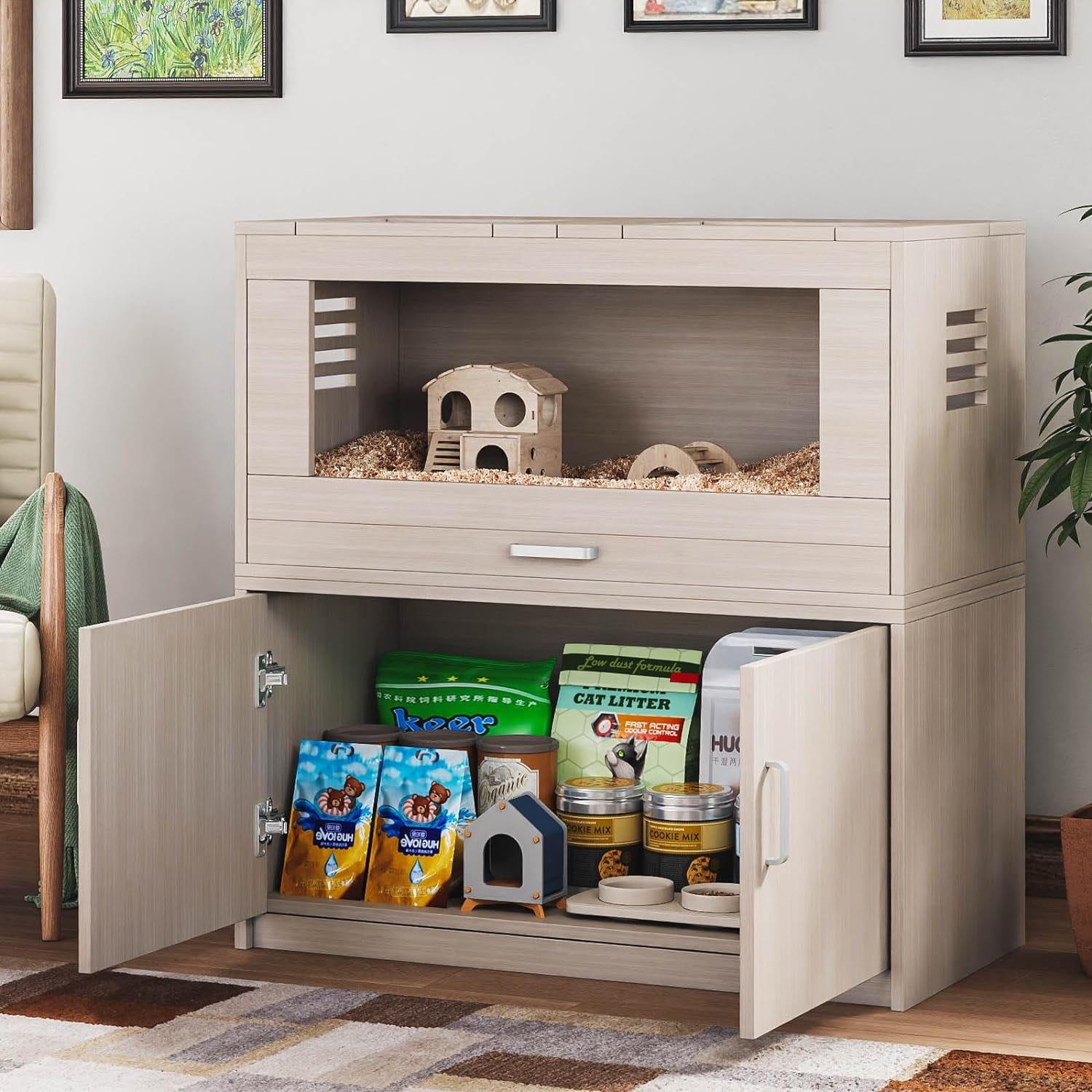 Large Big Wooden Hamster Cage, Hamster Habitat with Split Storage Cabinet &amp; Drawer, Guinea Pig Cage with Openable Top, Rat Gerbil Hedgehog Small Animal Cage