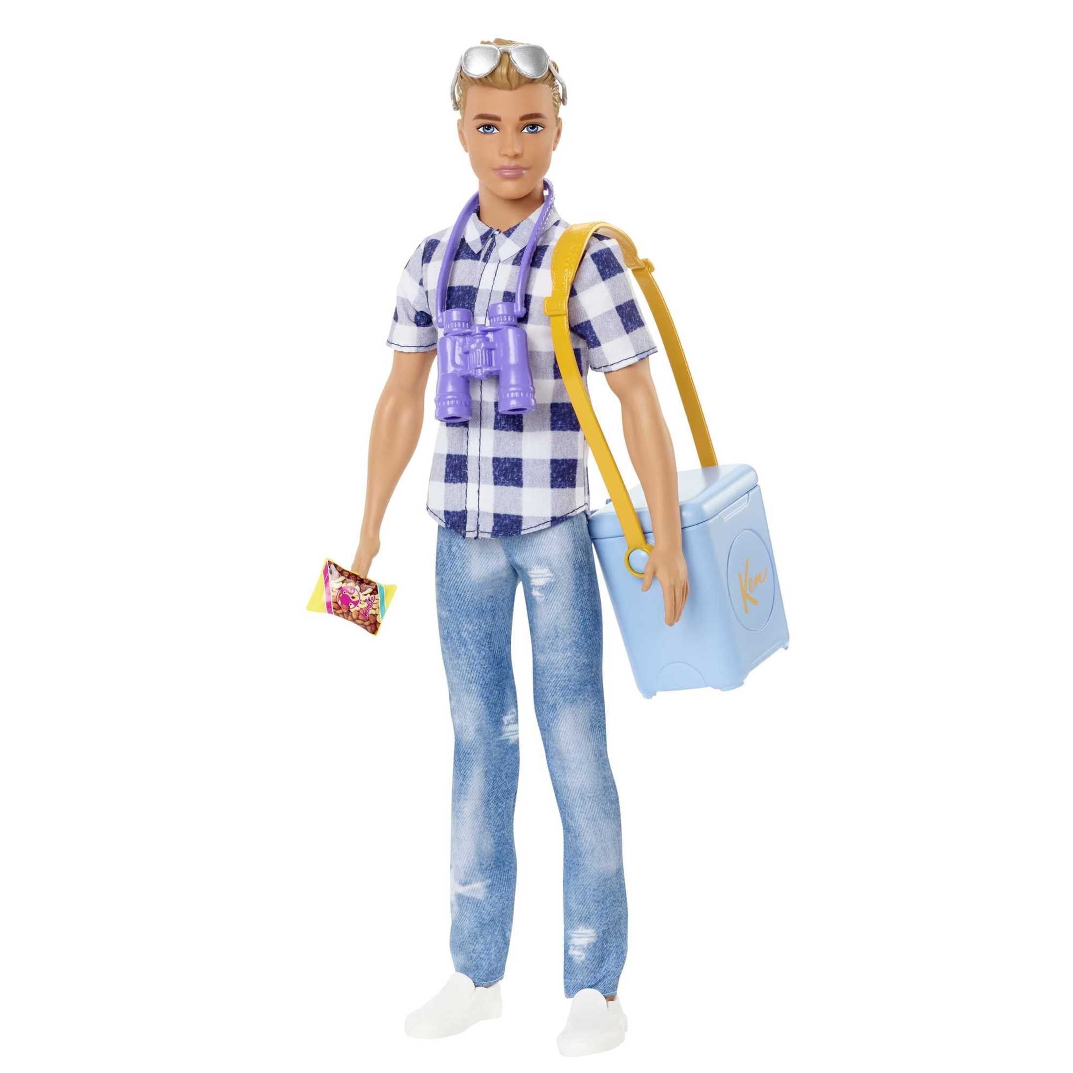Barbie It Takes Two Ken Doll & Camping Accessories, Blonde Doll with Blue Eyes Wearing Plaid Shirt