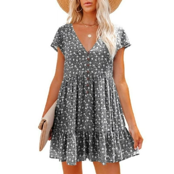 Women's Summer Chiffon Short Sleeve V Neck Dress Floral Button Down Ruffle Swing Boho Mini Dresses