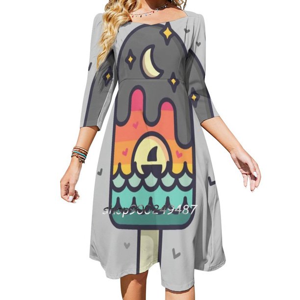 Vestido acampanado con nudo de corazón y surrealismo de Popslice, diseño de moda, vestido holgado de talla grande, paisaje de verano de Popslice, pájaros y luna