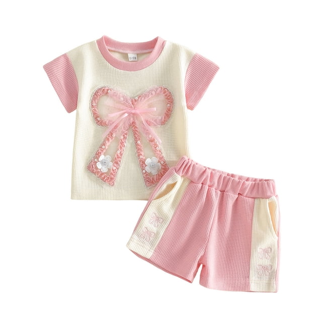 WUANDIXFA Newborn Clothes Baby Girl Comfortable and Breathable Set Cute Cartoon Printed Short Sleeve Shorts Two Piece Set Pink,2-3 Years