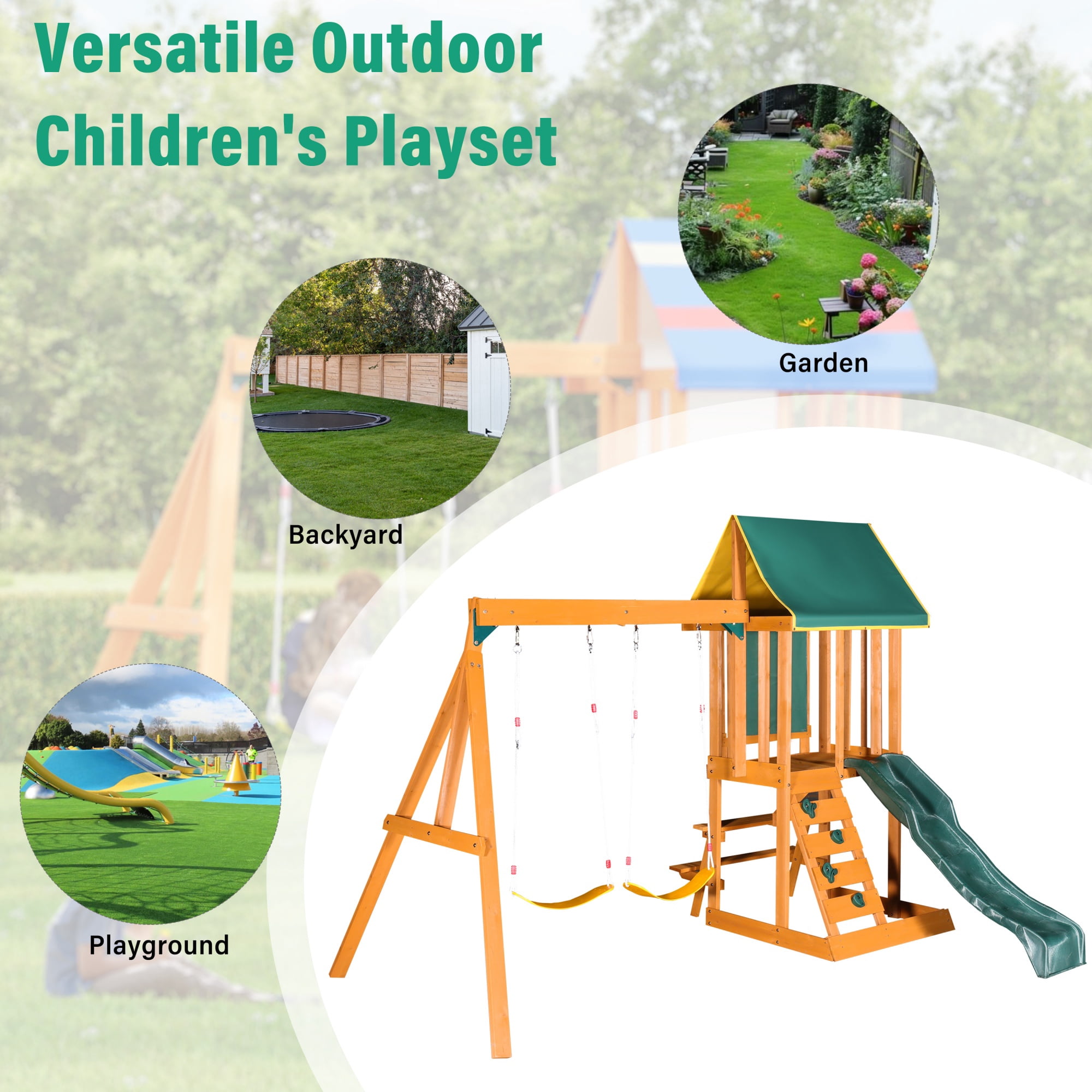 Wooden Outdoor Swing Set, SHINPT All-in-One Kids Outdoor Play Equipment for Kids Age 3-12 with Wave Slide, 2 Swings, Climbing Wall, Canopy Roof and Ladder, Kids Playground for Backyard, Garden, Park