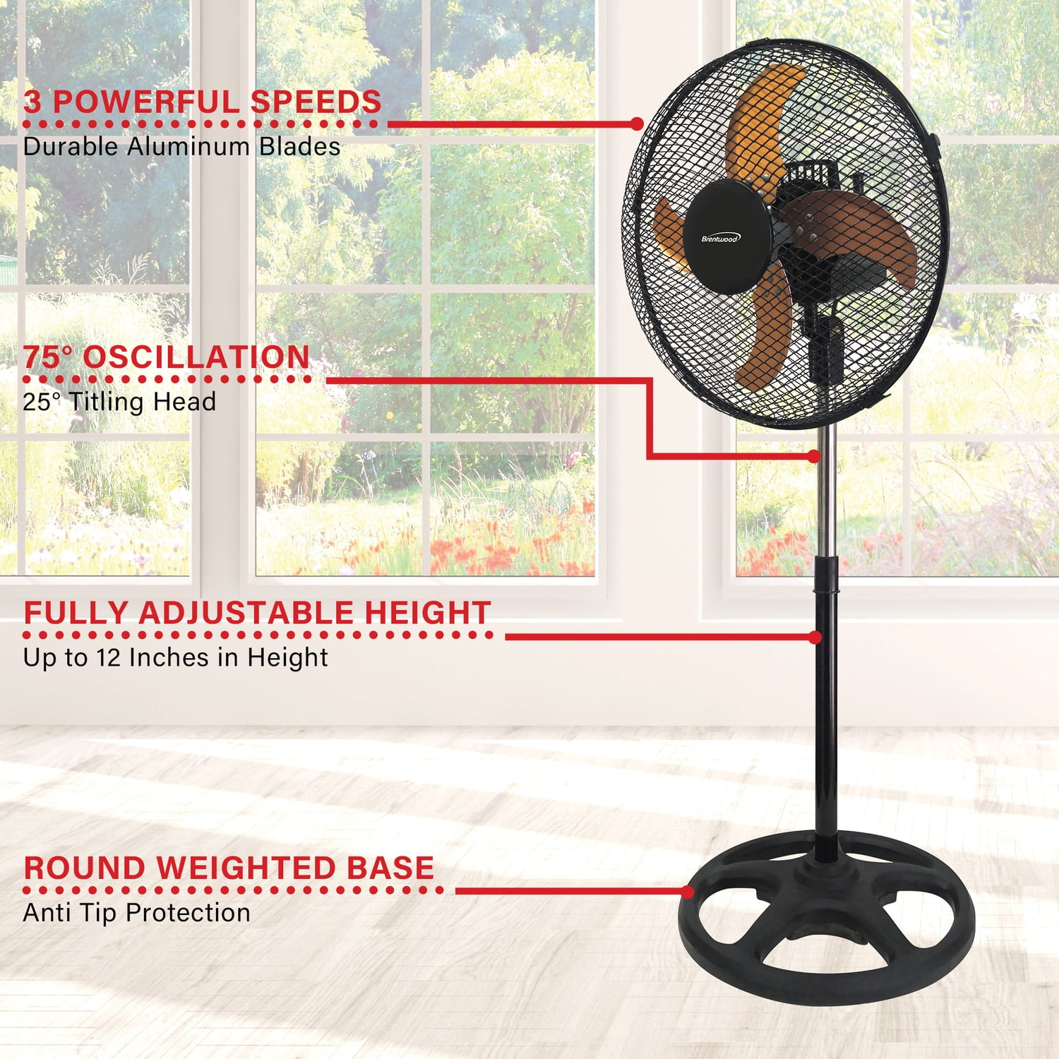 Brentwood 3 Speed Whisper Quiet Oscillating 12 Inch Pedestal Fan, Black