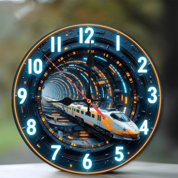 SciFi Train Tunnel Clock Wall Art 10-Inch Silent Wooden Wall Clock, Battery Operated (AA Batteries Not Included), Artistic Home Decor