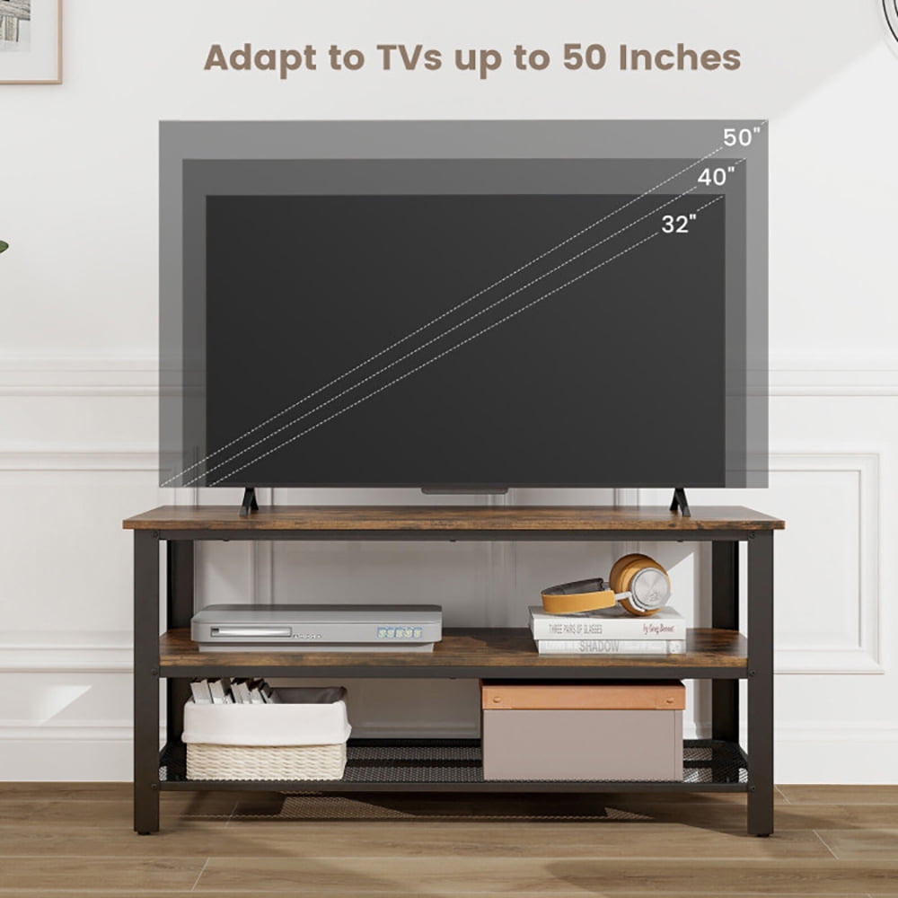 Finihen TV Stand, 3-Tier Industrial Entertainment TV Stand with Metal Mesh Shelf, Media Entertainment Center with Storage, for Living Room, Brown