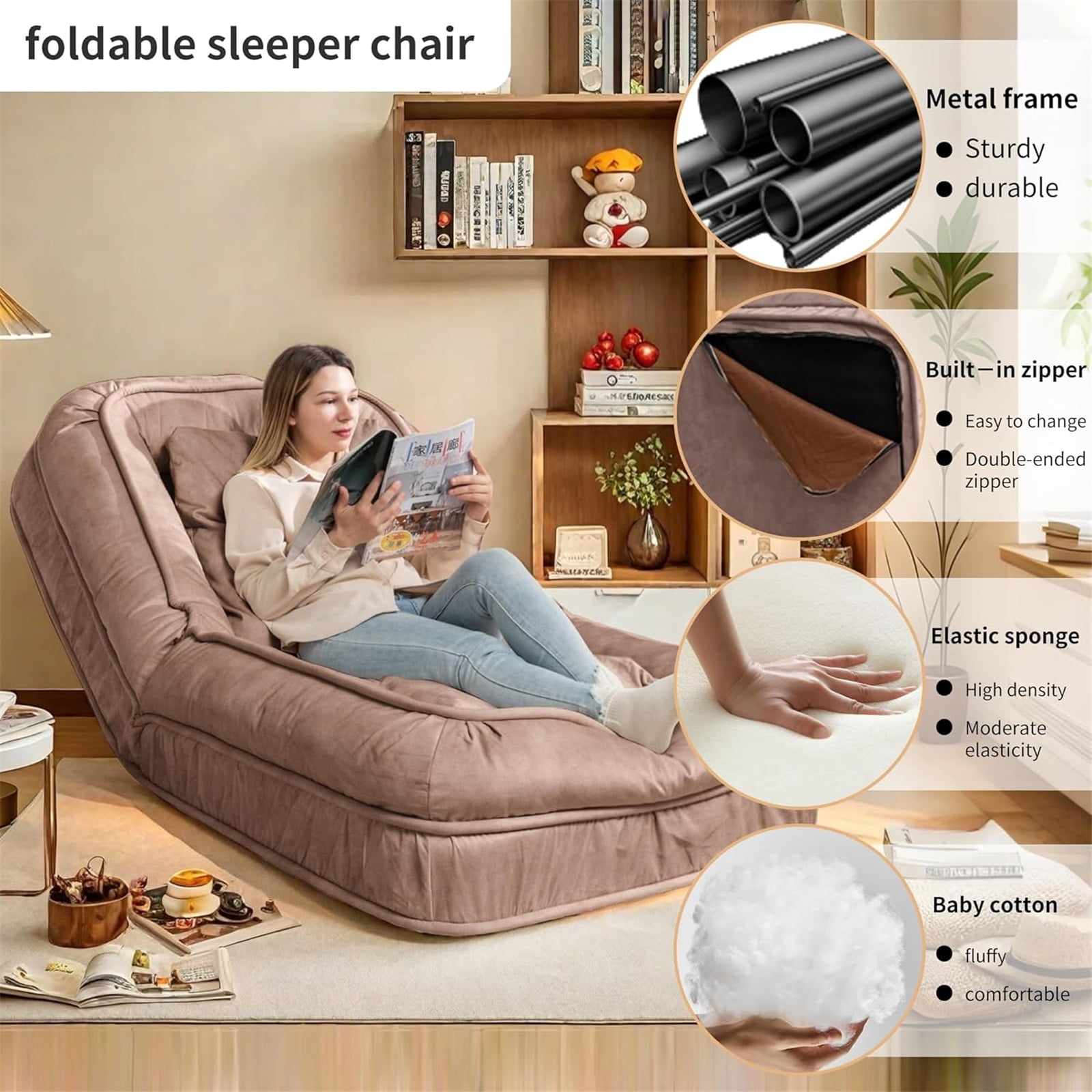 LEHZROAJ Velvet Upholstered Bean Bag Chairs,5-Position Adjustable 2 Soft Pillows Massage Floor Sofa,Multi-Functional  Human Dog Bed for Living Room(Brown)