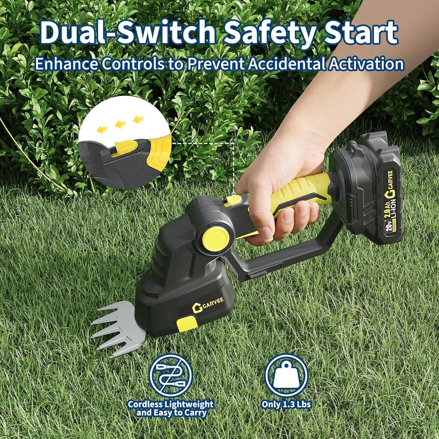 Garvee 2-in-1 Cordless Hedge Trimmer, 20V Lightweight Grass Shears & Hedge Trimmer with 2.0Ah Battery and Charger, Yellow/Black