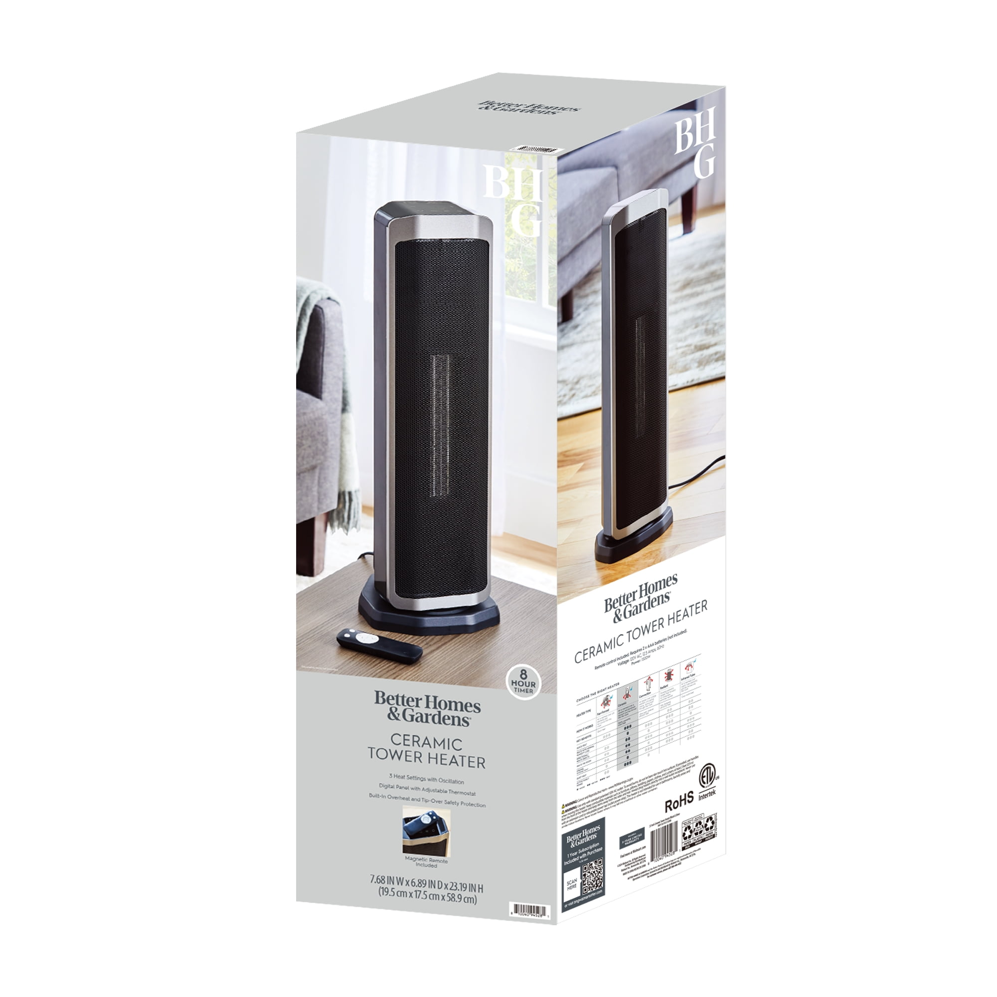 Better Homes & Gardens 23" Electric Ceramic Tower Heater, LED Display & Remote Storage