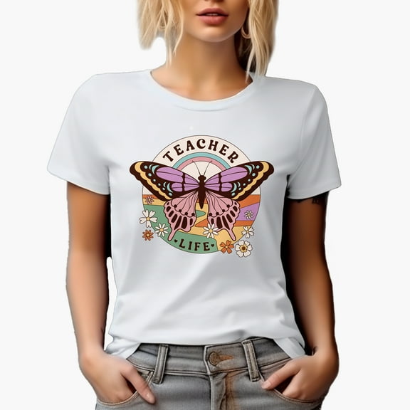 Teacher Life, Retro Butterfly Art Merch Gift, White T-Shirt, Small