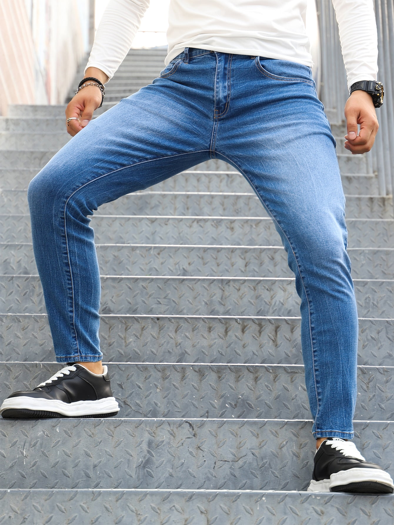 medium wash skinny jeans mens