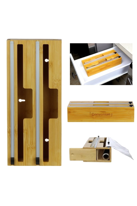 2 in 1 Bamboo Foil and Plastic Wrap Organizer, Plastic Wrap Dispenser with Cutter, Compatible with 12 Roll for Plastic Wrap, Wax Paper, and Aluminum Foil Organization and Storage