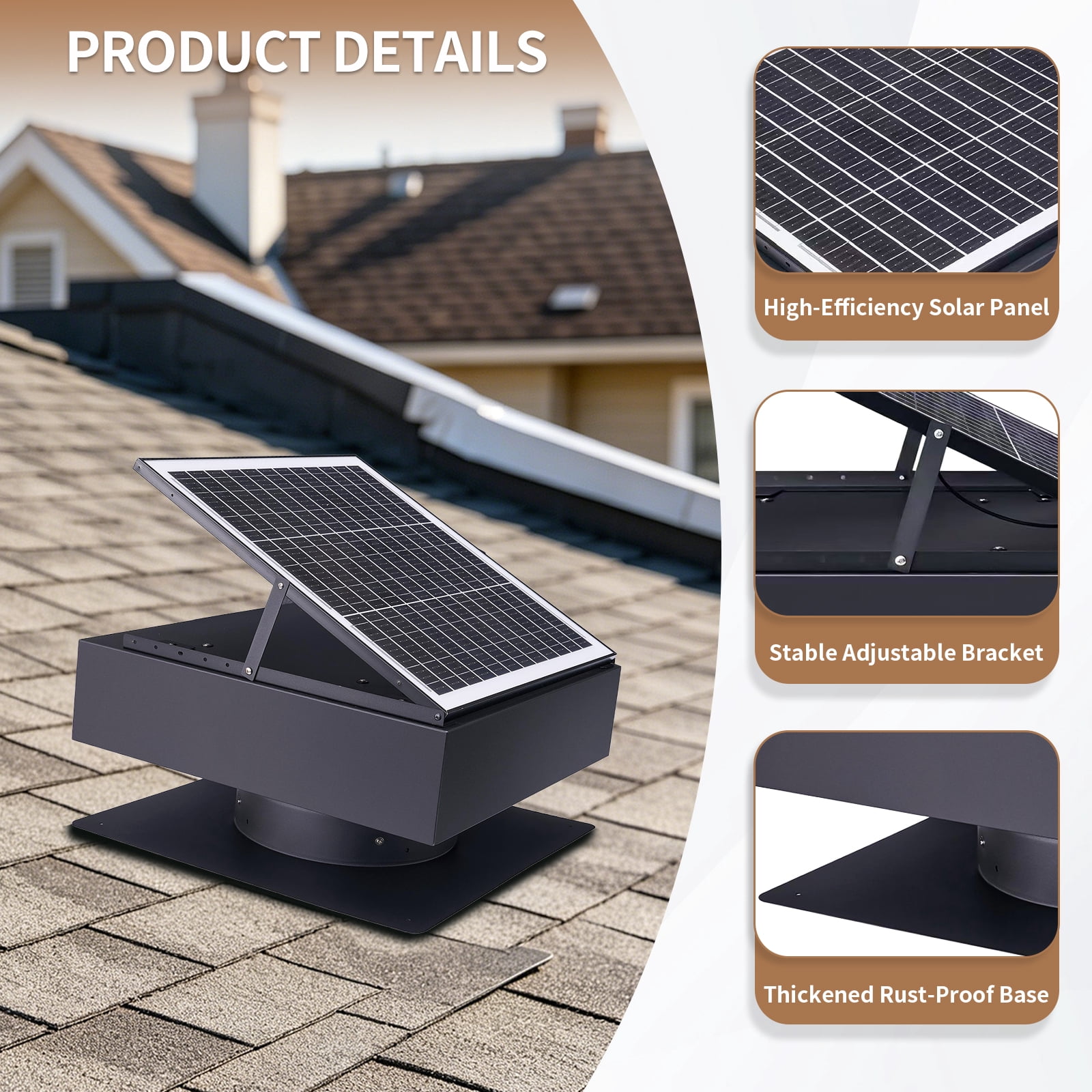 Solar Roof Vent Fan 12-Inch with 40W Dual Power and 1200 CFM, Attic Exhaust Fan and Solar Ventilator with 3-Speed Remote and Auto Start, Black