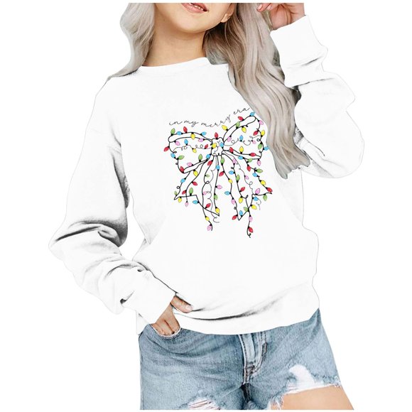 2025 Kid's Christmas Sweatshirt Crewneck Pullover Sweater Long Sleeve Shirt Fall Clothes Printed Top T-Shirt for Boys and Girls Sweatshirts 1-12Y White