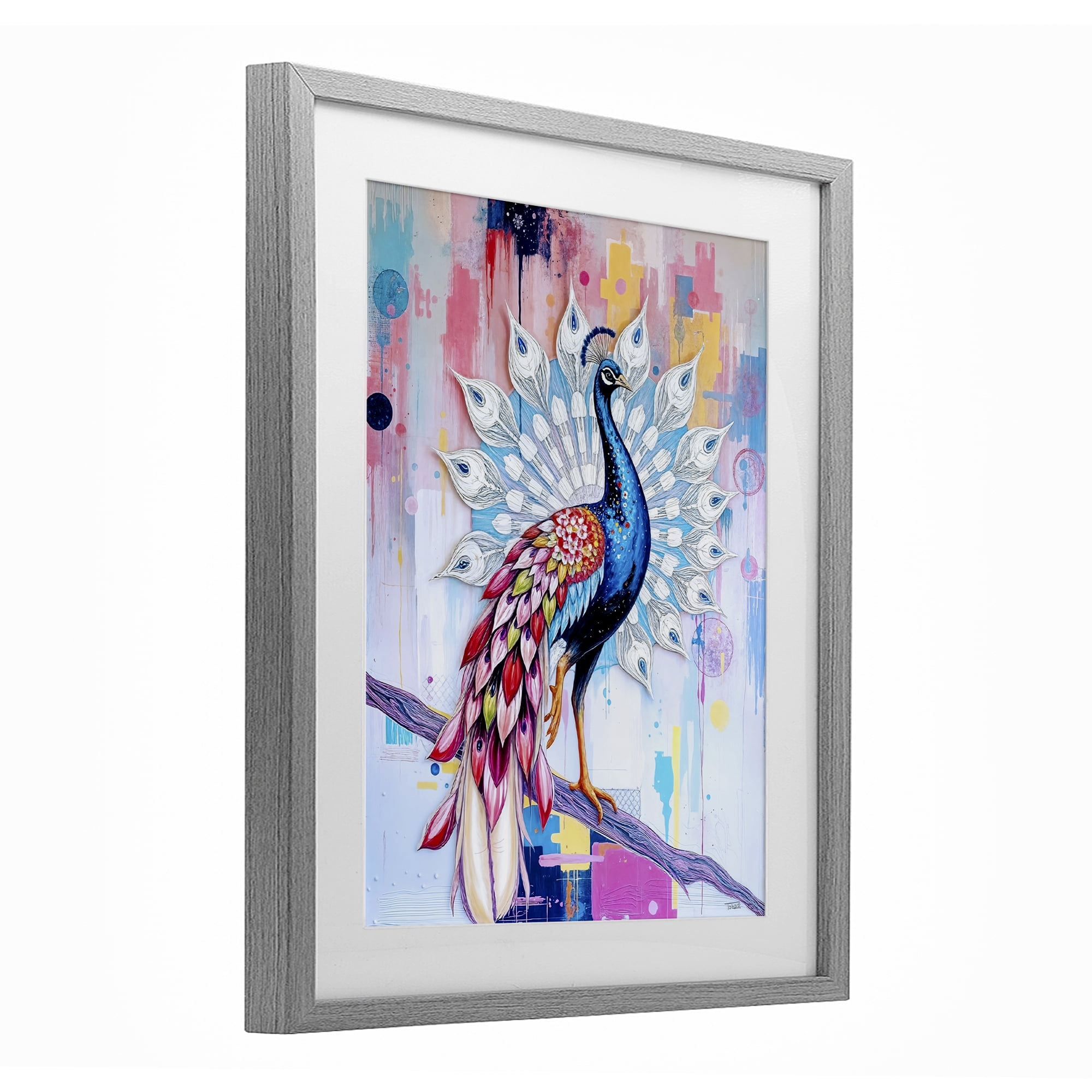 Stupell Industries Radiant Peacock on Branch Gray Framed Print Under Glass, design by Tabz Jones