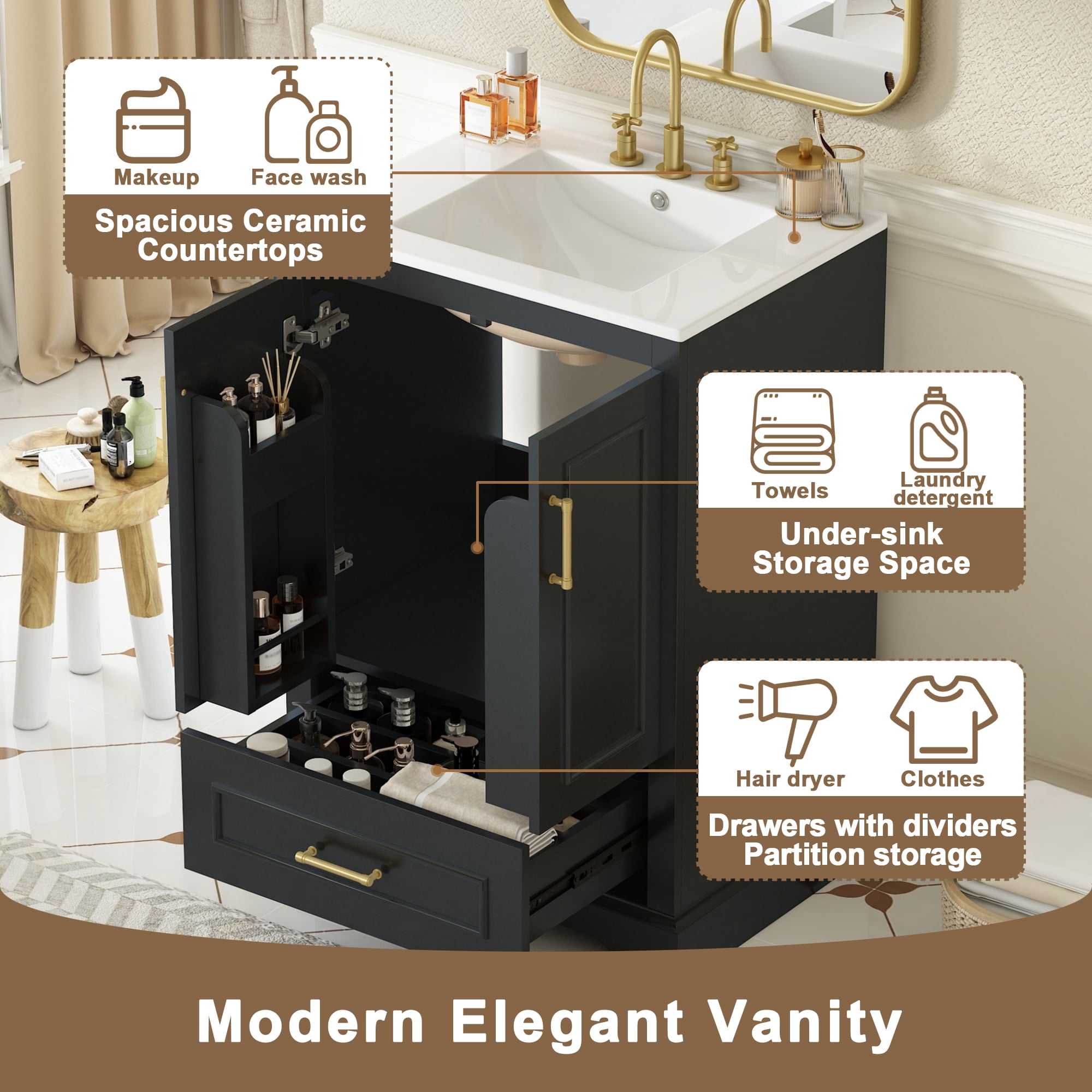 24" Durable Solid Wood Frame Bathroom Vanity with Storage, Modern Minimalist Bathroom Vanity with Ceramic Sink, Freestanding Storage Cabinet with Soft Close Doors for Bathroom Organization, Black