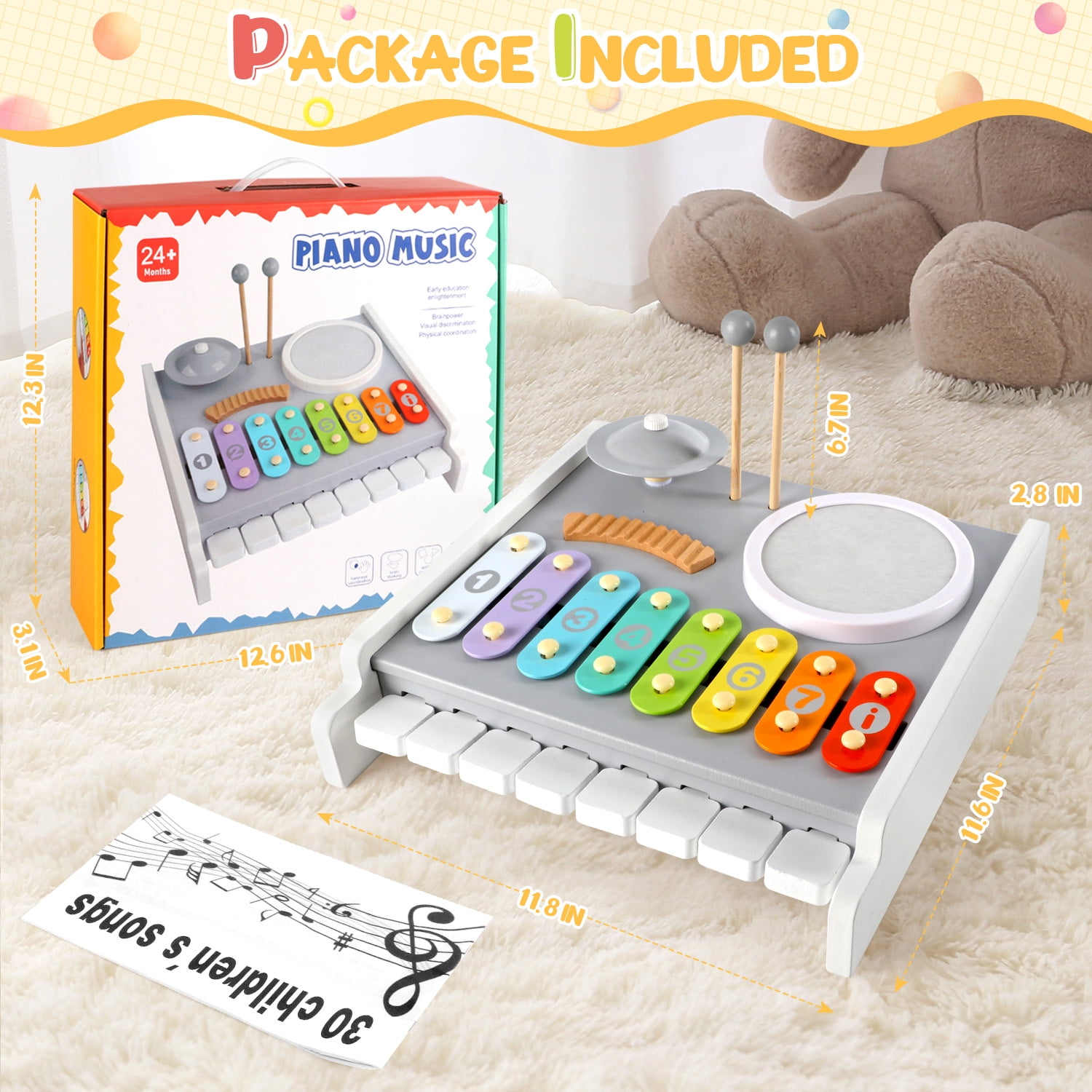 Flooyes Kids Drum Set, Musical Instruments Toys for Toddlers, 5-in-1 Montessori Toys, Wooden Piano Keyboard Xylophone, Educational Toys Birthday Gift